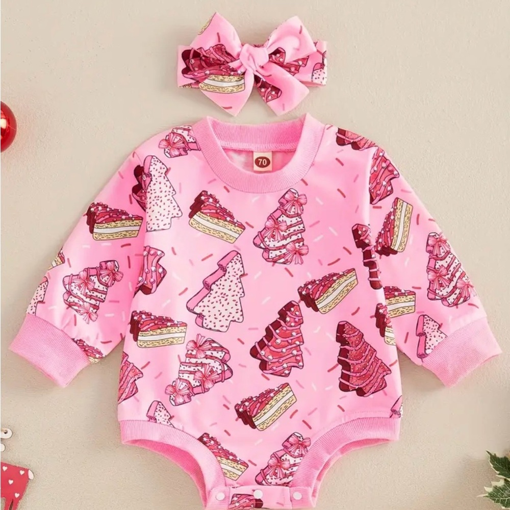 NWOT Pink Little Debbie’s Christmas Tree Cakes bubble romper 12-18 months